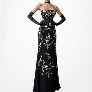 Vintage Y2K Black Strapless Floral Beaded Silk Maxi Formal Prom Dress Size M/L